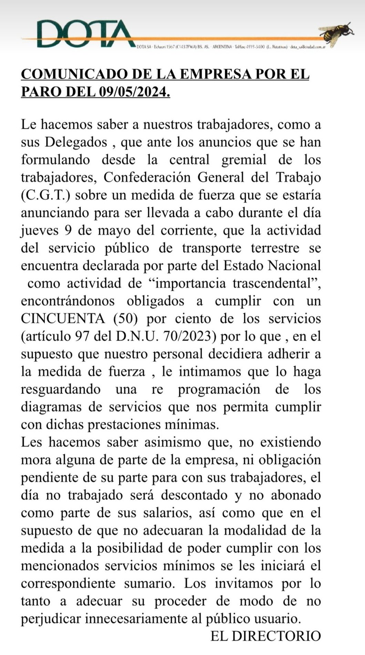 Comunicado del Grupo DOTA para los trabajadores nucleados en la UTA Comunicado del Grupo DOTA para los trabajadores nucleados en la UTA