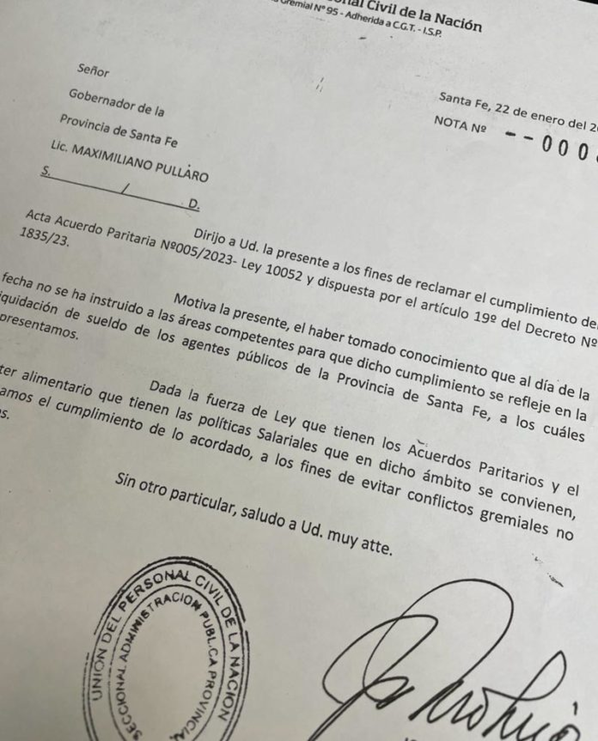 Jorge Molina, secretario general de UPCN, le envió una carta al gobernador de Santa Fe, Maximiliano Pullaro. Jorge Molina, secretario general de UPCN, le envió una carta al gobernador de Santa Fe, Maximiliano Pullaro.