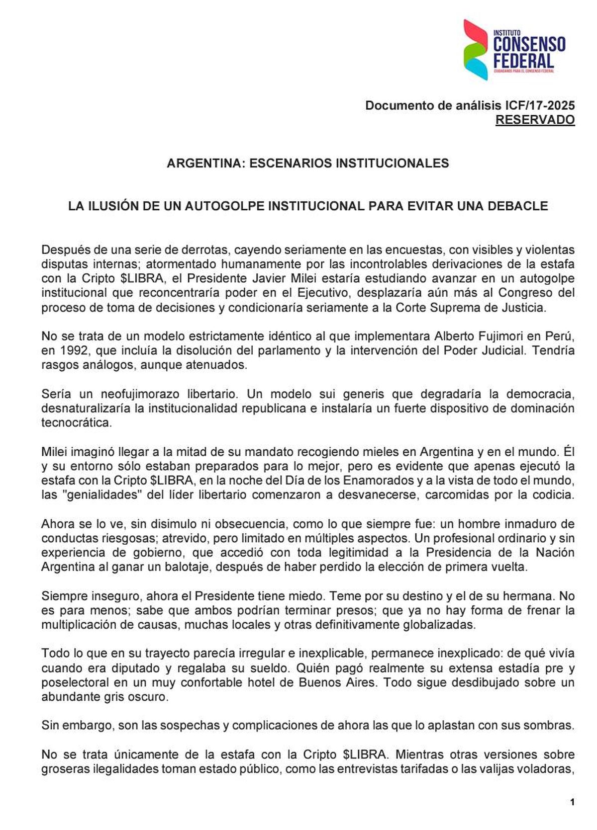 Autogolpe: 1 de las 5 carillas del documento del Instituto Consenso Federal. Autogolpe: 1 de las 5 carillas del documento del Instituto Consenso Federal.
