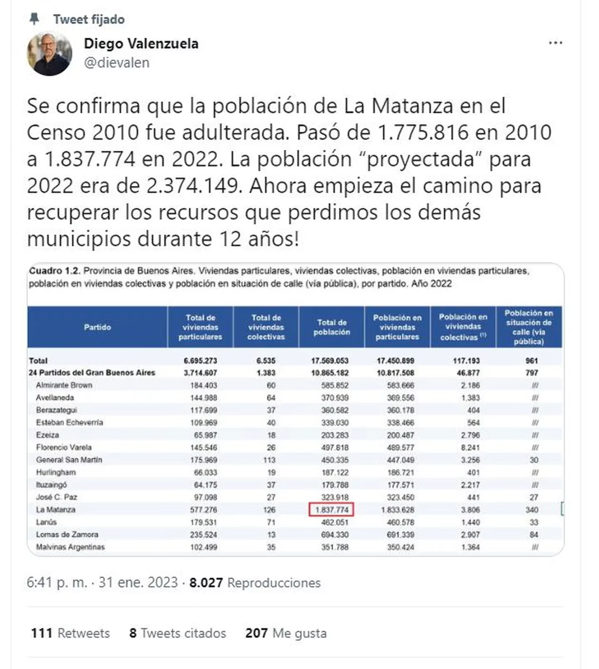 Diego Valenzuela, uno de los denunciantes por los datos poblacionales de La Matanza, argumenta sobre las diferencias entre censos.