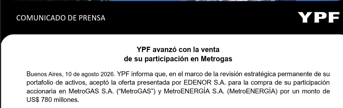 YPF confirma venta de Metrogas a Edenor. Fuente: Comunicado de YPF. YPF confirma venta de Metrogas a Edenor. Fuente: Comunicado de YPF.
