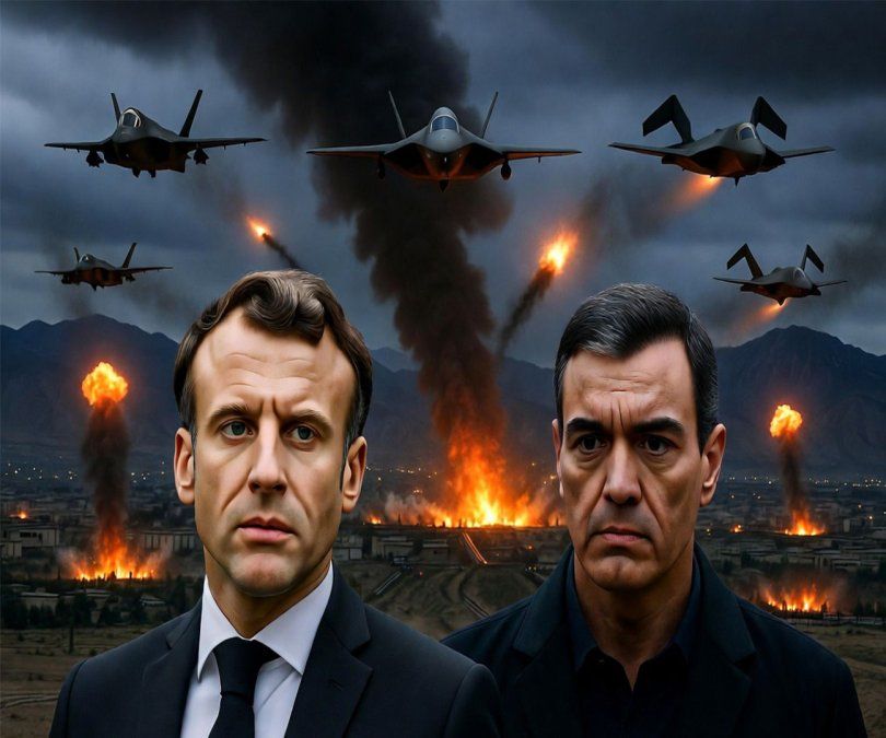 Emmanuel Macron y Pedro Sánchez entre los misiles de Irán (IMAGEN GROK IA)