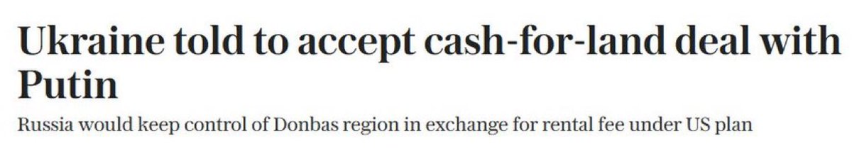 Según informa el diario británico The Telegraph, citando fuentes, asegura que existe una claúsula en el plan estadounidense llamada "acuerdo de arrendamiento" que, por un lado, permitirá a las autoridades ucranianas conservar legalmente el Donbás como territorio propio, aunque la región estará controlada de facto por Rusia. Según informa el diario británico The Telegraph, citando fuentes, asegura que existe una claúsula en el plan estadounidense llamada "acuerdo de arrendamiento" que, por un lado, permitirá a las autoridades ucranianas conservar legalmente el Donbás como territorio propio, aunque la región estará controlada de facto por Rusia.