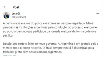 El tuit de Lula Da Silva sobre la victoria de Javier Milei, sin menciones al libertario ni a su partido. El tuit de Lula Da Silva sobre la victoria de Javier Milei, sin menciones al libertario ni a su partido.