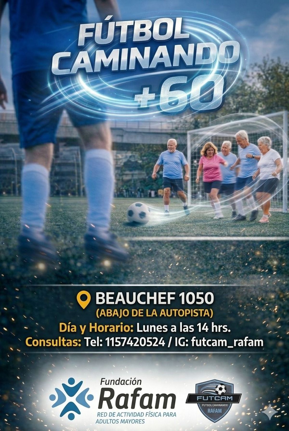 Ya dieron comienzo las clases de fútbol caminando, los lunes a las 14, que duran una hora. Se enseña a los mayores de 60 años a jugar con la pelota al piso, a dos toques, y con una distancia mínima de un metro entre los jugadores. (Foto Fundación Rafam).