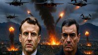 Emmanuel Macron y Pedro Sánchez entre los misiles de Irán (IMAGEN GROK IA) Emmanuel Macron y Pedro Sánchez entre los misiles de Irán (IMAGEN GROK IA)