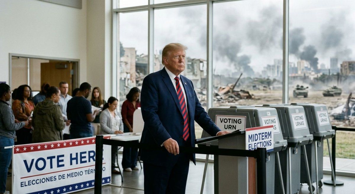 Imagen de Donald Trump, en las midterm y bajo fuego enemigo, creada con IA