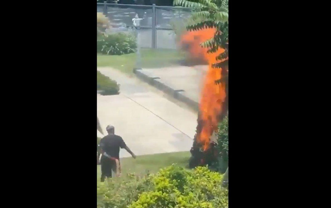 El momento en el que uno de los manifestantes incendia uno de los árboles de navidad dentro del predio municipal de Lanús.&nbsp;