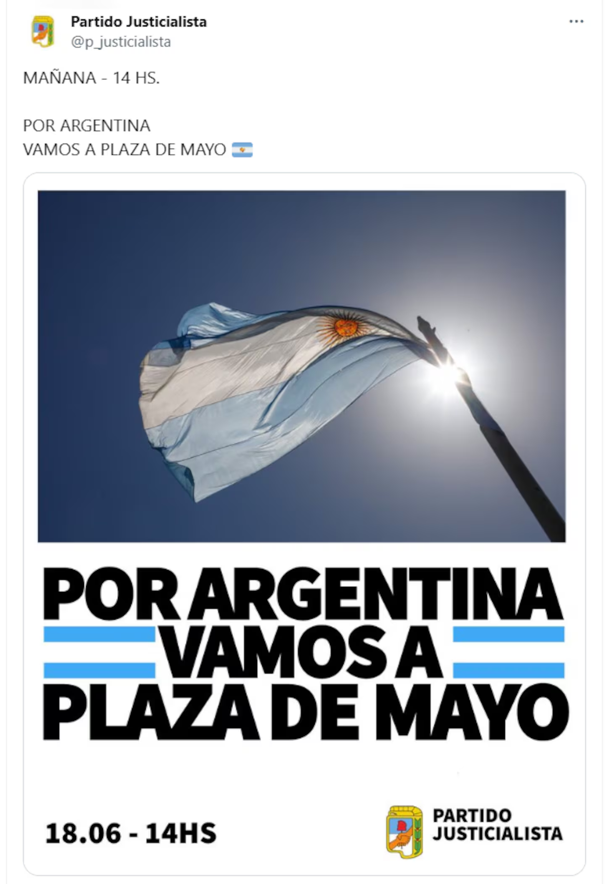 La convocatoria del PJ a la marcha a Plaza de Mayo a las 14. La convocatoria del PJ a la marcha a Plaza de Mayo a las 14.