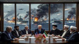 Imagen creada con IA: en el centro Donald Trump, vestido con traje oscuro y corbata azul. A su alrededor, funcionarios iraníes con turbante y ropa tradicional clerical. Afuera, el fuego cruzado.