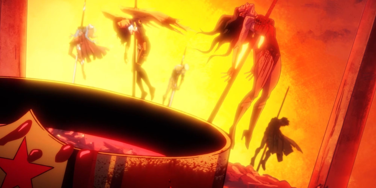 A la derecha de la pantalla, entre los héroes empalados en un futuro apocalíptico, se puede ver a la Mujer Maravilla. Aunque la escena es corta, se aprecia su nuevo traje, que vuelve a sus raíces clásicas de los cómics. A la derecha de la pantalla, entre los héroes empalados en un futuro apocalíptico, se puede ver a la Mujer Maravilla. Aunque la escena es corta, se aprecia su nuevo traje, que vuelve a sus raíces clásicas de los cómics.