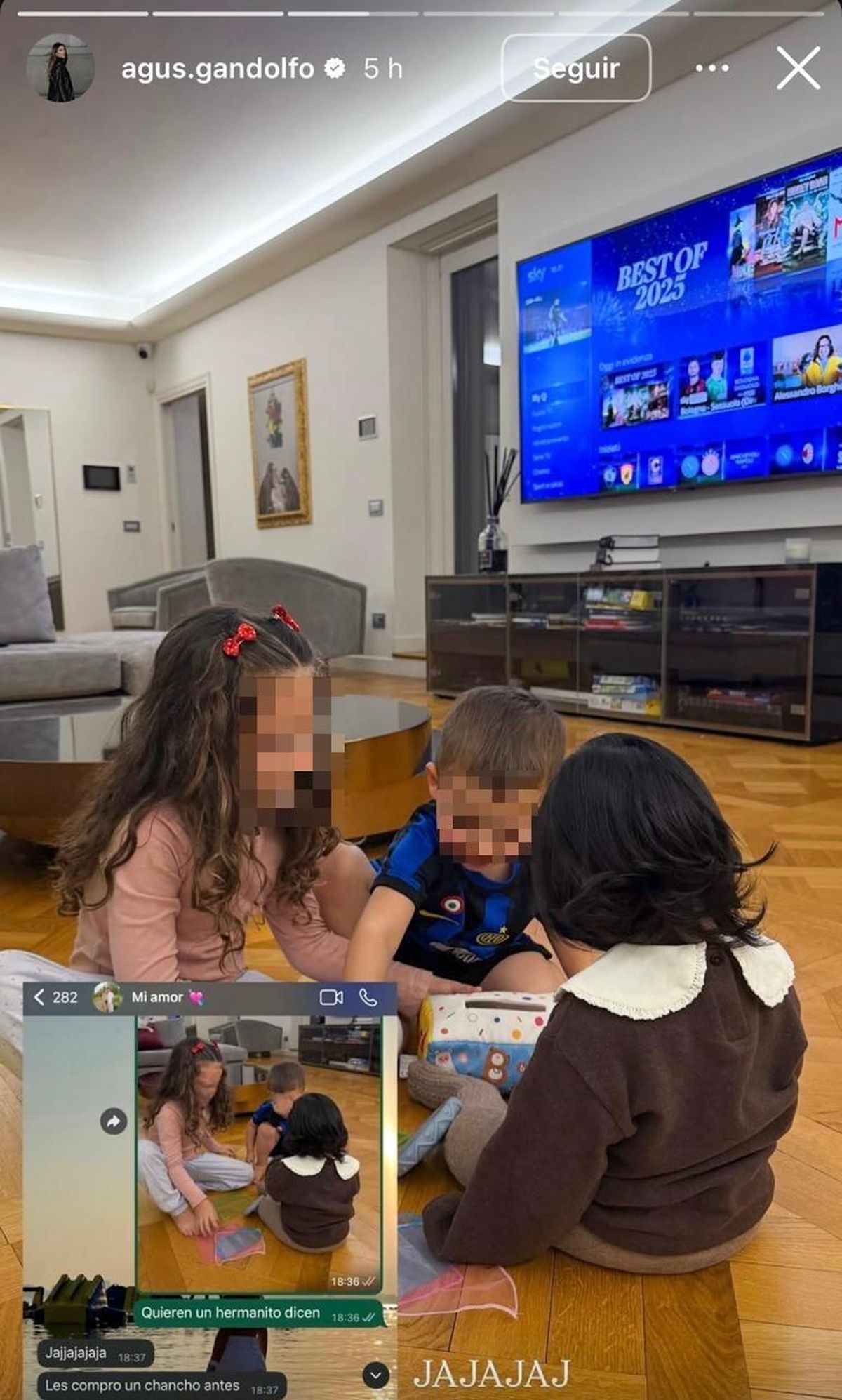 La story que subió Agustina Gandolfo a Instagram (NdR: El blureado corresponde a una edición hecha por Urgente24, para proteger la exposición de los menores de edad) La story que subió Agustina Gandolfo a Instagram (NdR: El blureado corresponde a una edición hecha por Urgente24, para proteger la exposición de los menores de edad)