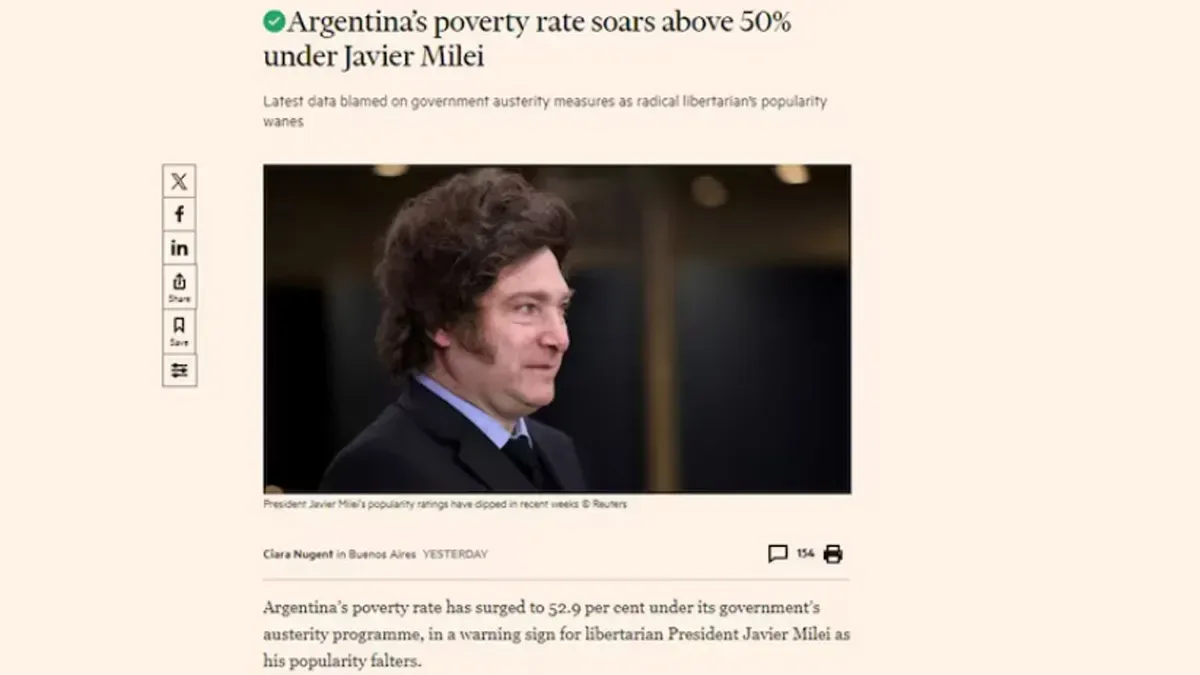 Dura nota del Financial Times sobre la pobreza en la Argentina bajo el gobierno de Javier Milei.