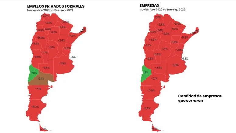 Mapa desolador: En rojo, provincias argentinas con pérdida de empresas y empleo
