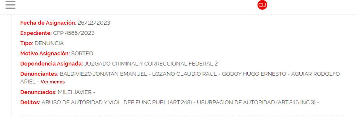 La denuncia registrada en la página del Centro de Información Judicial. La denuncia registrada en la página del Centro de Información Judicial. 