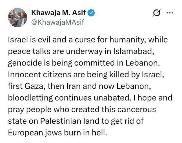 Posteo del ministro de Defensa de Pakistán contra Israel. Posteo del ministro de Defensa de Pakistán contra Israel.