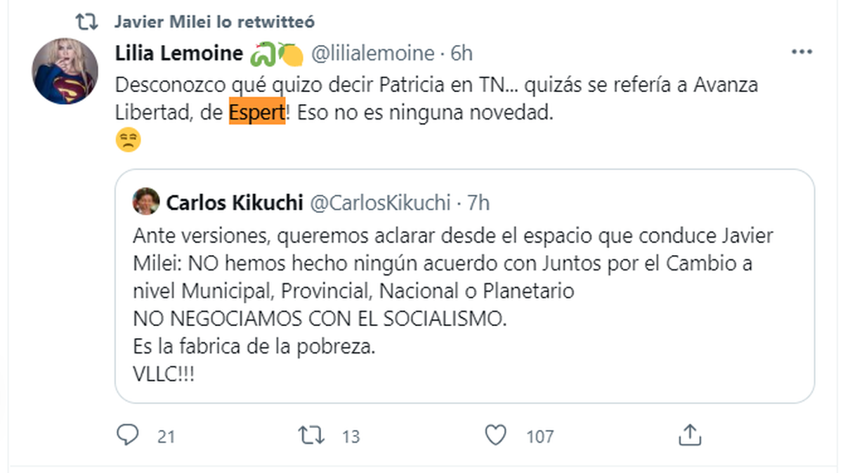 Patricia Bullrich confirmó alianza con libertarios de Javier Milei en provincias y municipios, pero rápidamente fue desmentido.