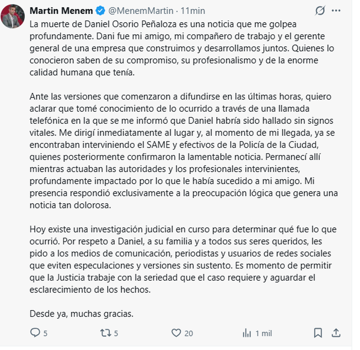 El mensaje de Martín Menem en X sobre la muerte de su contador. El mensaje de Martín Menem en X sobre la muerte de su contador.