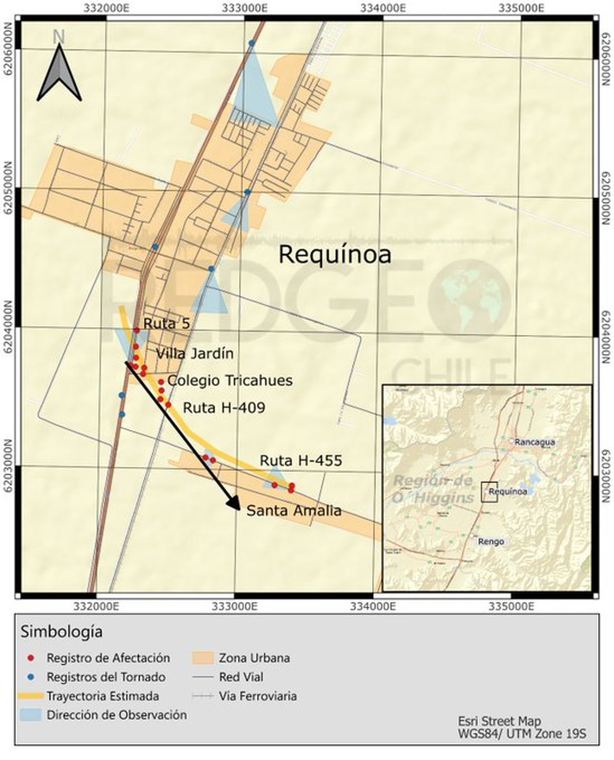 Ruta del tornado, seg&uacute;n Red Geocient&iacute;fica de Chile.