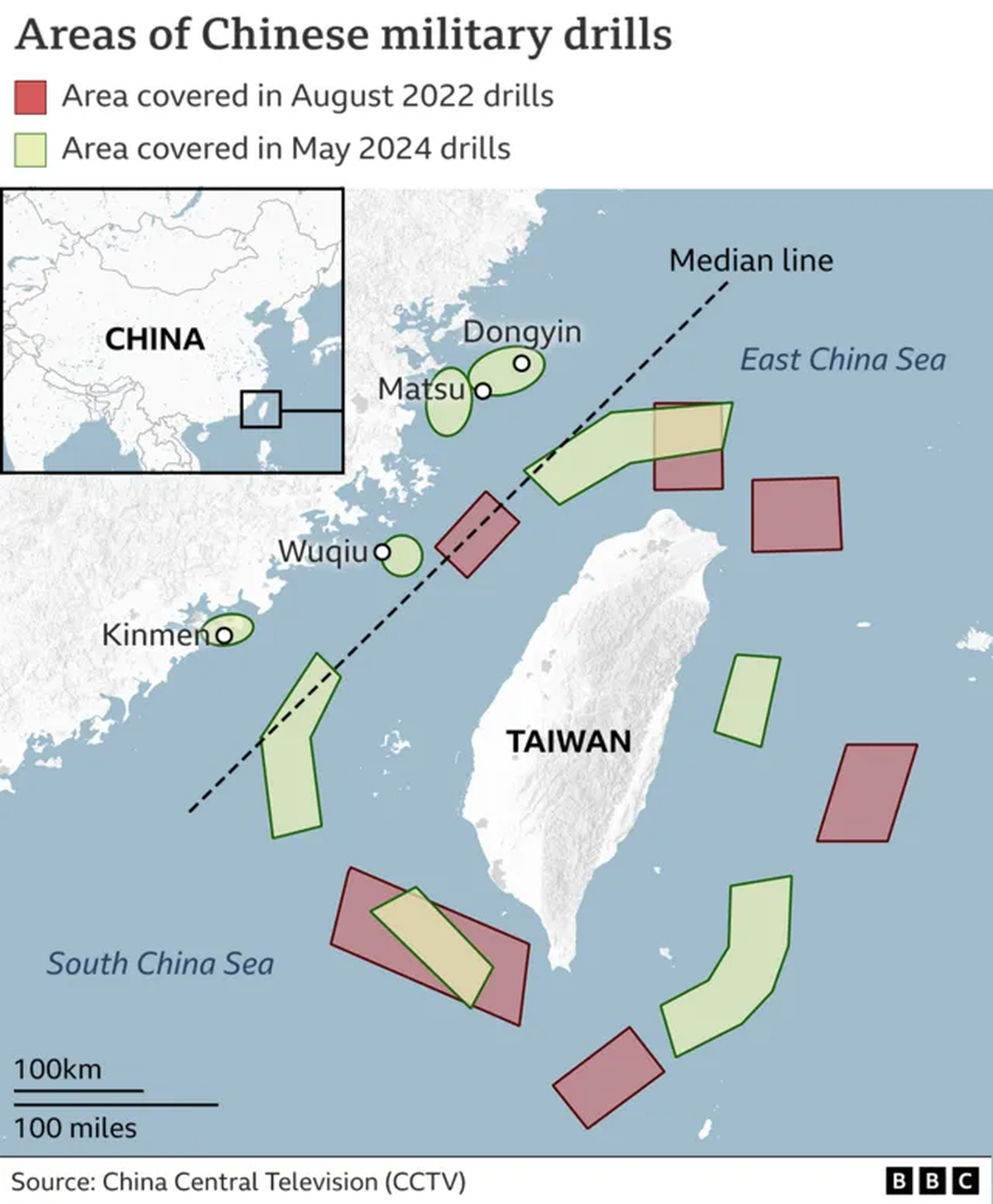 &Aacute;reas de despliegue militar de China cerca de Taiw&aacute;n (amarillo -2022- y rojo actualmente)