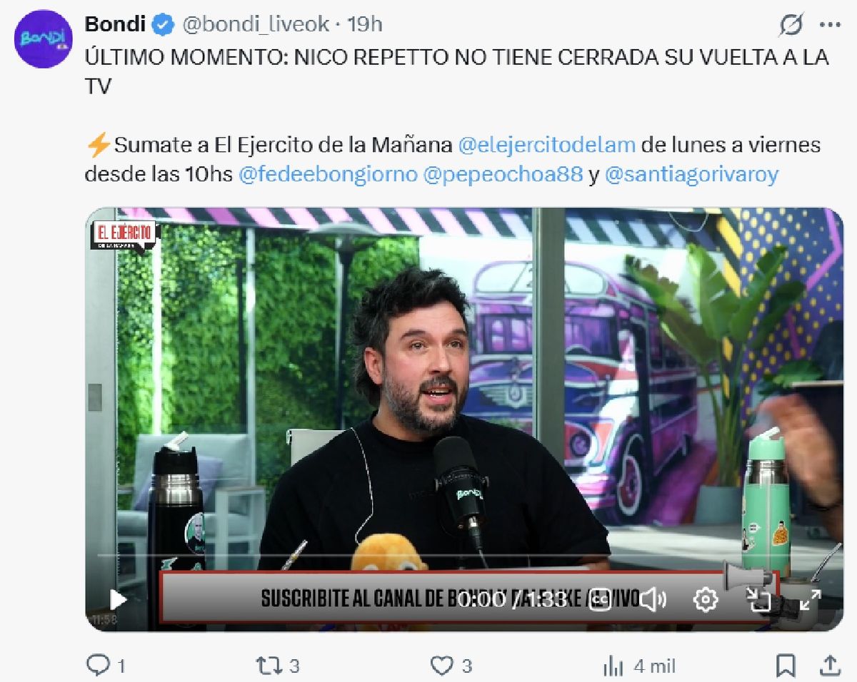 En medio de los rumores, Nicolás Repetto se refirió a la posibilidad de volver a hacer televisión en 2027. En medio de los rumores, Nicolás Repetto se refirió a la posibilidad de volver a hacer televisión en 2027.