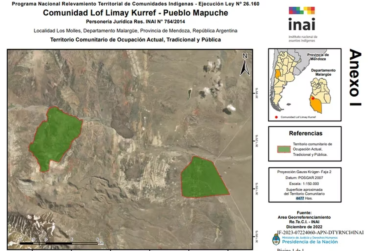 En el anexo de la resolución publicada hoy, se incluyó el mapa en el cual quedan establecidos los límites de las hectáreas cedidas a la comunidad mapuche Lof Limay Kurref, en Mendoza.