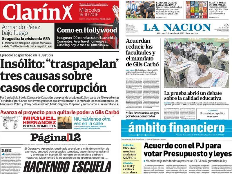 Las tapas de hoy (19/10) de Clarín, La Nación, Página/12 y Ámbito.