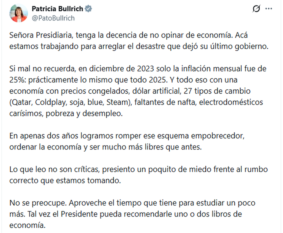 Patricia Bullrich en su respuesta en X a Cristina Kirchner. Patricia Bullrich en su respuesta en X a Cristina Kirchner.