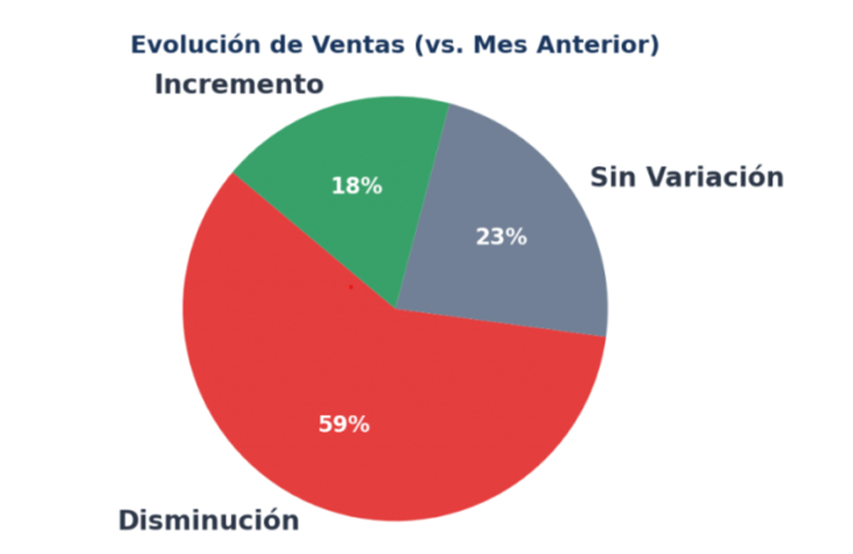 De acuerdo con la encuesta, el 59% de los comercios relevados registró una caída en su facturación respecto de mayo. Un 23% aseguró que sus ventas se mantuvieron sin grandes cambios, y apenas un 18% logró vender más que el mes anterior. De acuerdo con la encuesta, el 59% de los comercios relevados registró una caída en su facturación respecto de mayo. Un 23% aseguró que sus ventas se mantuvieron sin grandes cambios, y apenas un 18% logró vender más que el mes anterior.