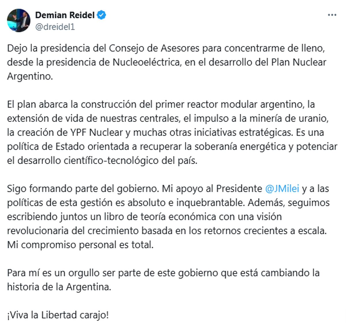 La explicación de Demian Reidel sobre su renuncia y su respaldo a Javier Milei. La explicación de Demian Reidel sobre su renuncia y su respaldo a Javier Milei.