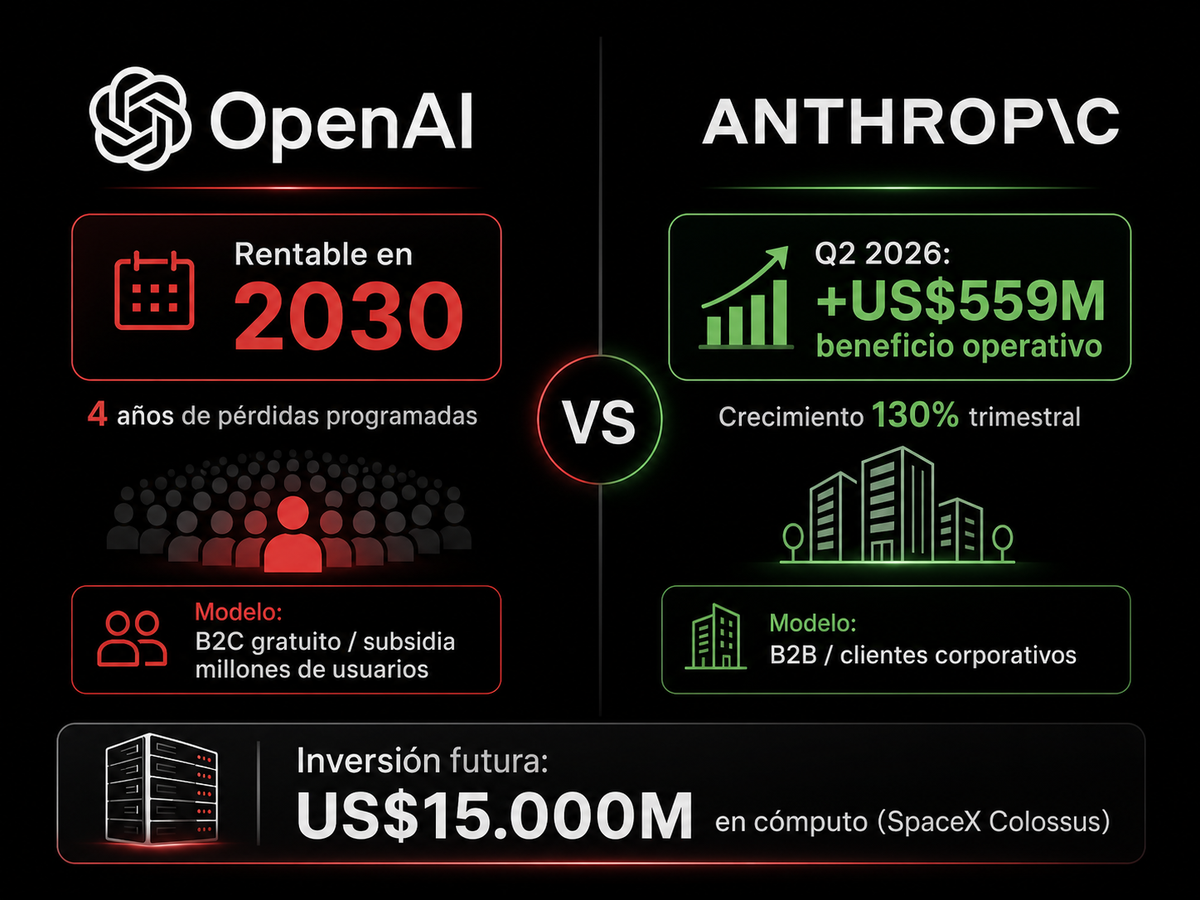 Anthropic firmó acuerdos para invertir 15.000 millones de dólares en capacidad de cómputo usando los clústeres Colossus de SpaceX. Esa inversión volverá a presionar los resultados en los próximos trimestres. Anthropic firmó acuerdos para invertir 15.000 millones de dólares en capacidad de cómputo usando los clústeres Colossus de SpaceX. Esa inversión volverá a presionar los resultados en los próximos trimestres.
