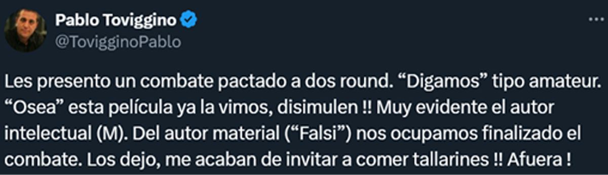 Nuevo mensaje de Toviggino (Tapia). Nuevo mensaje de Toviggino (Tapia). 