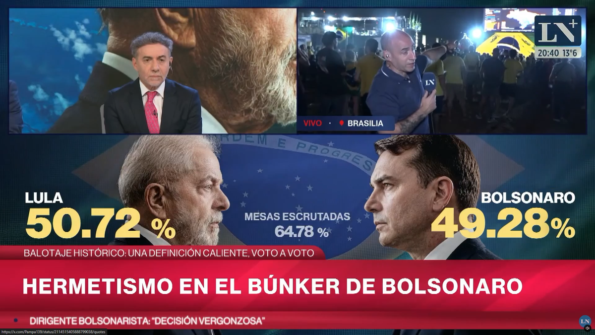 Lula revirtió el resultado de la primera vuelta, derrotó a Flávio Bolsonaro con el 51,79% y frustró las expectativas de una victoria de la derecha brasileña. Foto: Captura LN+ Lula revirtió el resultado de la primera vuelta, derrotó a Flávio Bolsonaro con el 51,79% y frustró las expectativas de una victoria de la derecha brasileña. Foto: Captura LN+