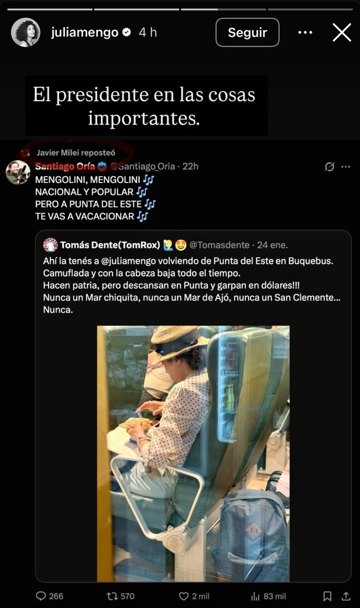 Una foto en Buquebus bastó para que Tomás Dente armara un escrache contra Julia Mengolini. Javier Milei lo retuiteó, las redes estallaron y quedó expuesta una operación política basada en suposiciones infundadas. Una foto en Buquebus bastó para que Tomás Dente armara un escrache contra Julia Mengolini. Javier Milei lo retuiteó, las redes estallaron y quedó expuesta una operación política basada en suposiciones infundadas.
