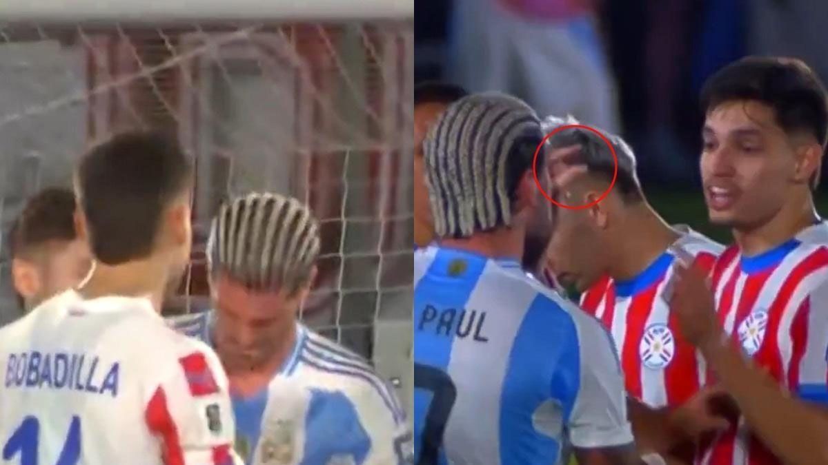 RodrigoDe Paul mantuvo un tenso cruce con Damián Bobadilla durante el partido queArgentina cayó ante Paraguay 2-1 por las Eliminatorias para el Mundial 2026.