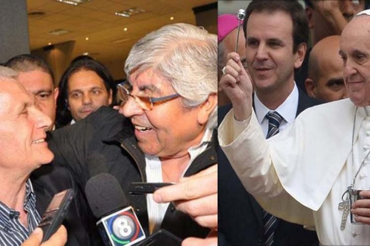 Antonio Caló (CGT-Balcarce) y Hugo Moyano (CGT-Azopardo) y el Papa Francisco.