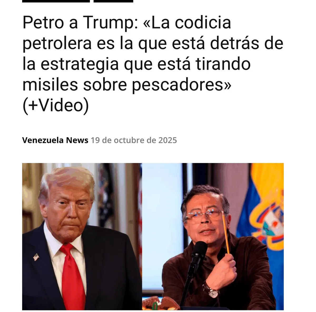 Gustavo Petro concuerda con Nicolás Maduro en que Trump no está desplegando su fuerza en el Caribe para desarticular el supuesto flujo de fentanilo, sino más bien está interesado en expropiar los recursos naturales de Colombia, Venezuela y otros países de Latinoamérica. Gustavo Petro concuerda con Nicolás Maduro en que Trump no está desplegando su fuerza en el Caribe para desarticular el supuesto flujo de fentanilo, sino más bien está interesado en expropiar los recursos naturales de Colombia, Venezuela y otros países de Latinoamérica.