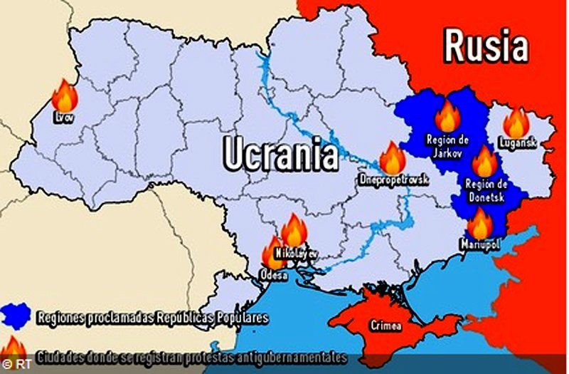 En el mapa, los lugares donde manifestantes rusos han iniciado reclamos contra Kiev.