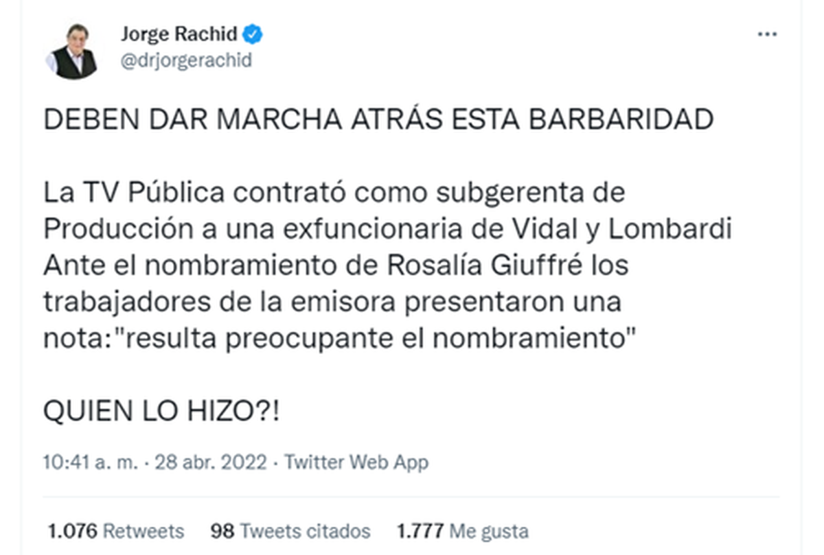 El tuit de Jorge Rachid.