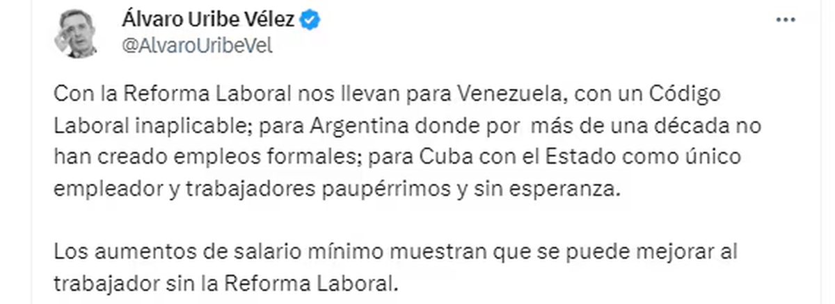 El expresidente Álvaro Uribe criticó la reforma laboral de Petro. El expresidente Álvaro Uribe criticó la reforma laboral de Petro.