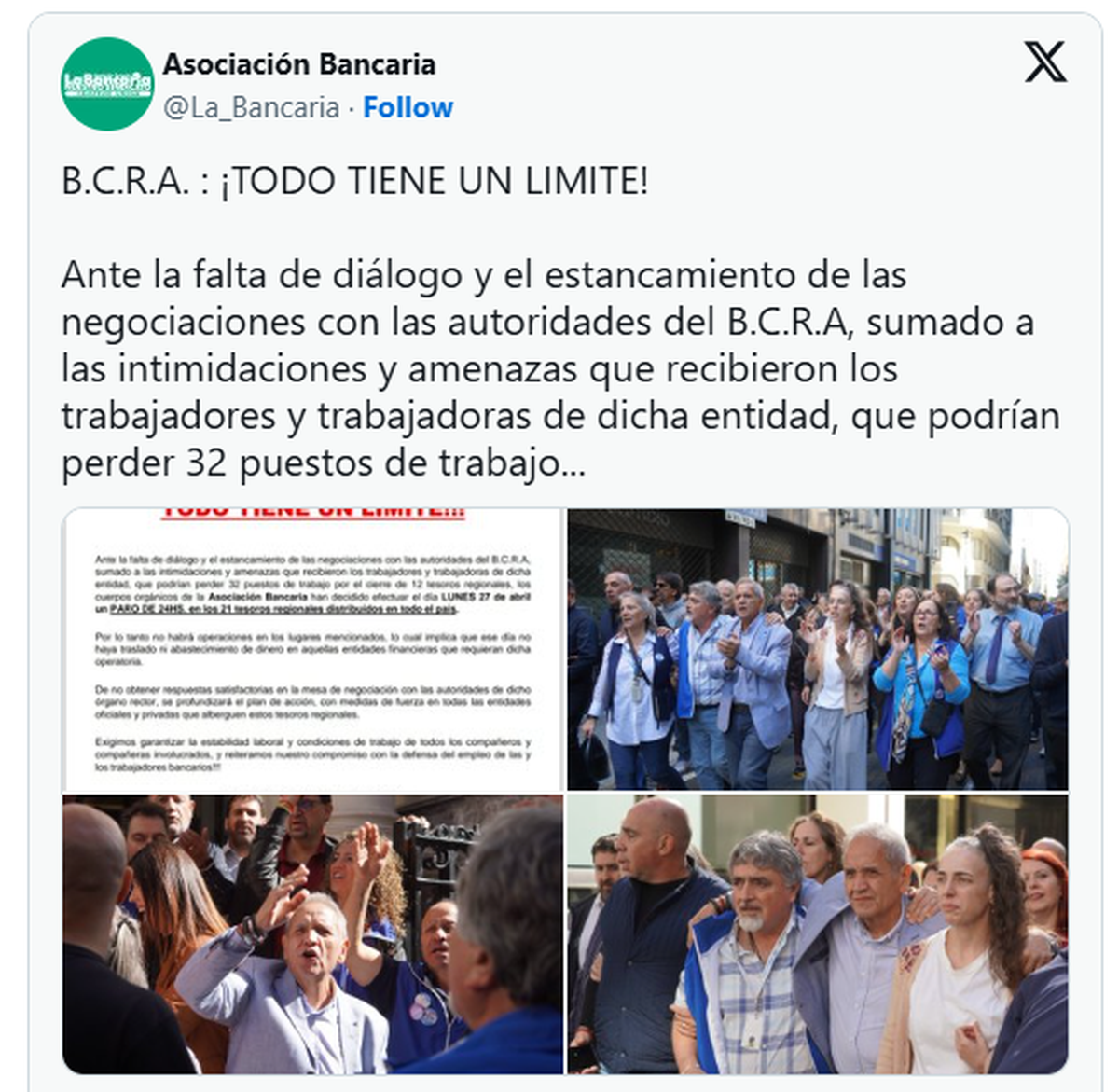 Paro de bancarios contra el BCRA en una semana clave para Javier Milei. Paro de bancarios contra el BCRA en una semana clave para Javier Milei.