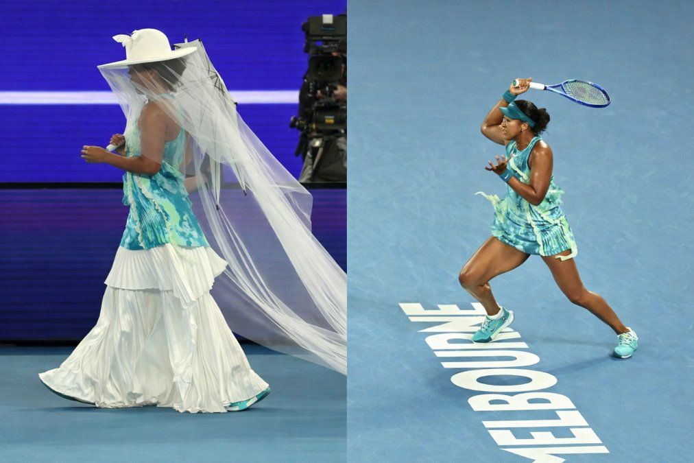 Naomi Osaka en el Australian Open: el outfit diseñado junto a Nike y Robert Wun tuvo dos momentos, uno teatral para la entrada y otro adaptado al juego ya dentro de la cancha.