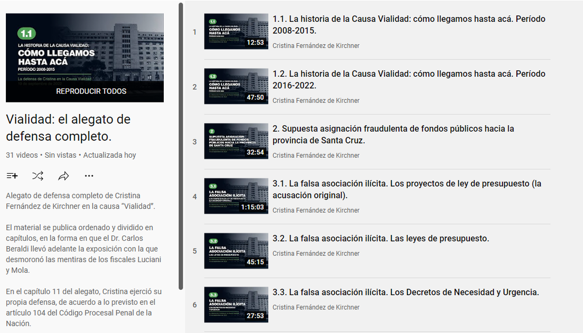 CFK subió el alegato completo de su defensa a Youtube.