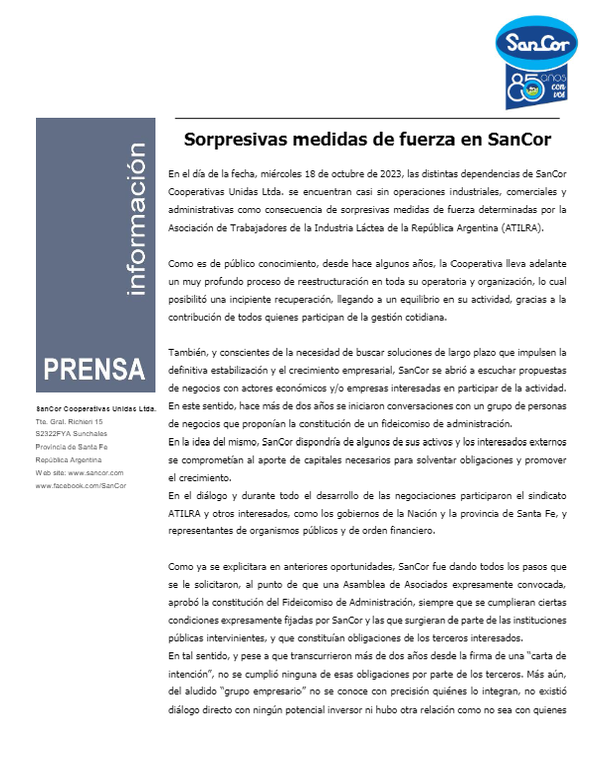 El comunicado de SanCor. El comunicado de SanCor.