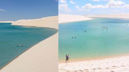 Un desierto con piletas de agua turquesa en Sudamérica
