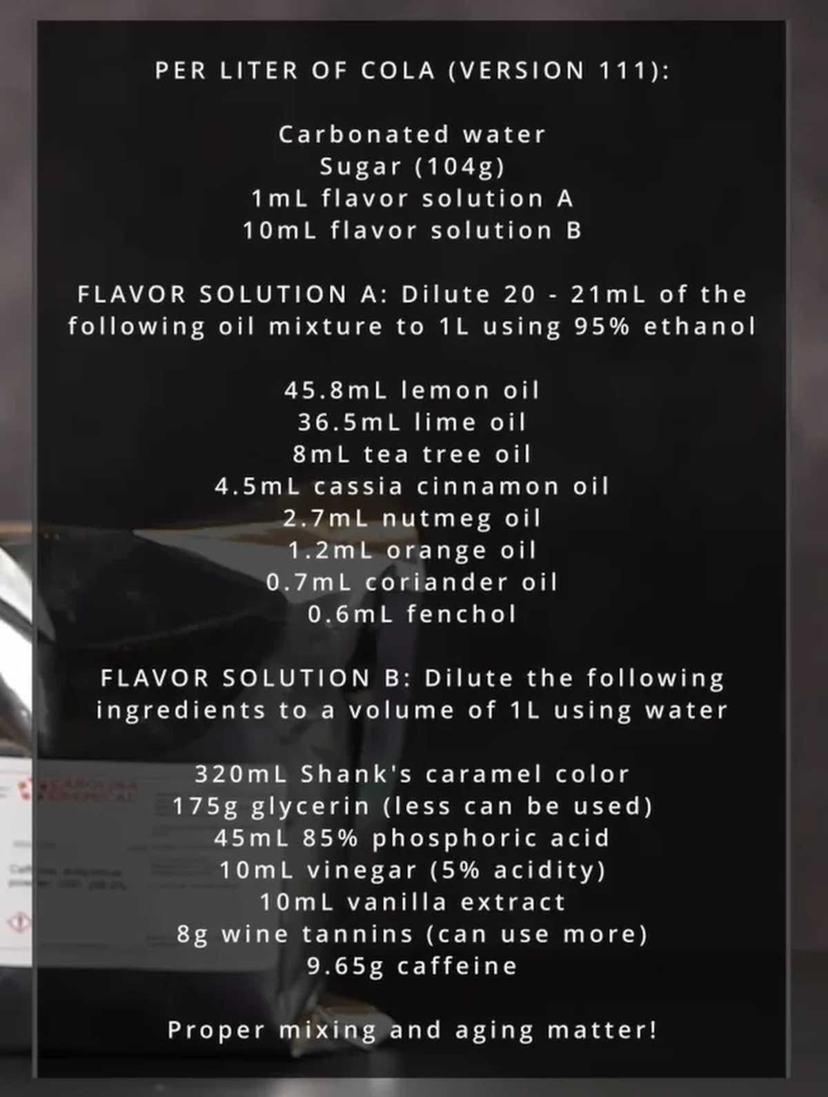 Según los resultados, más del 99% de la fórmula es azúcar, agua y cafeína; el 1% restante define el sabor único con aceites y taninos. Según los resultados, más del 99% de la fórmula es azúcar, agua y cafeína; el 1% restante define el sabor único con aceites y taninos.