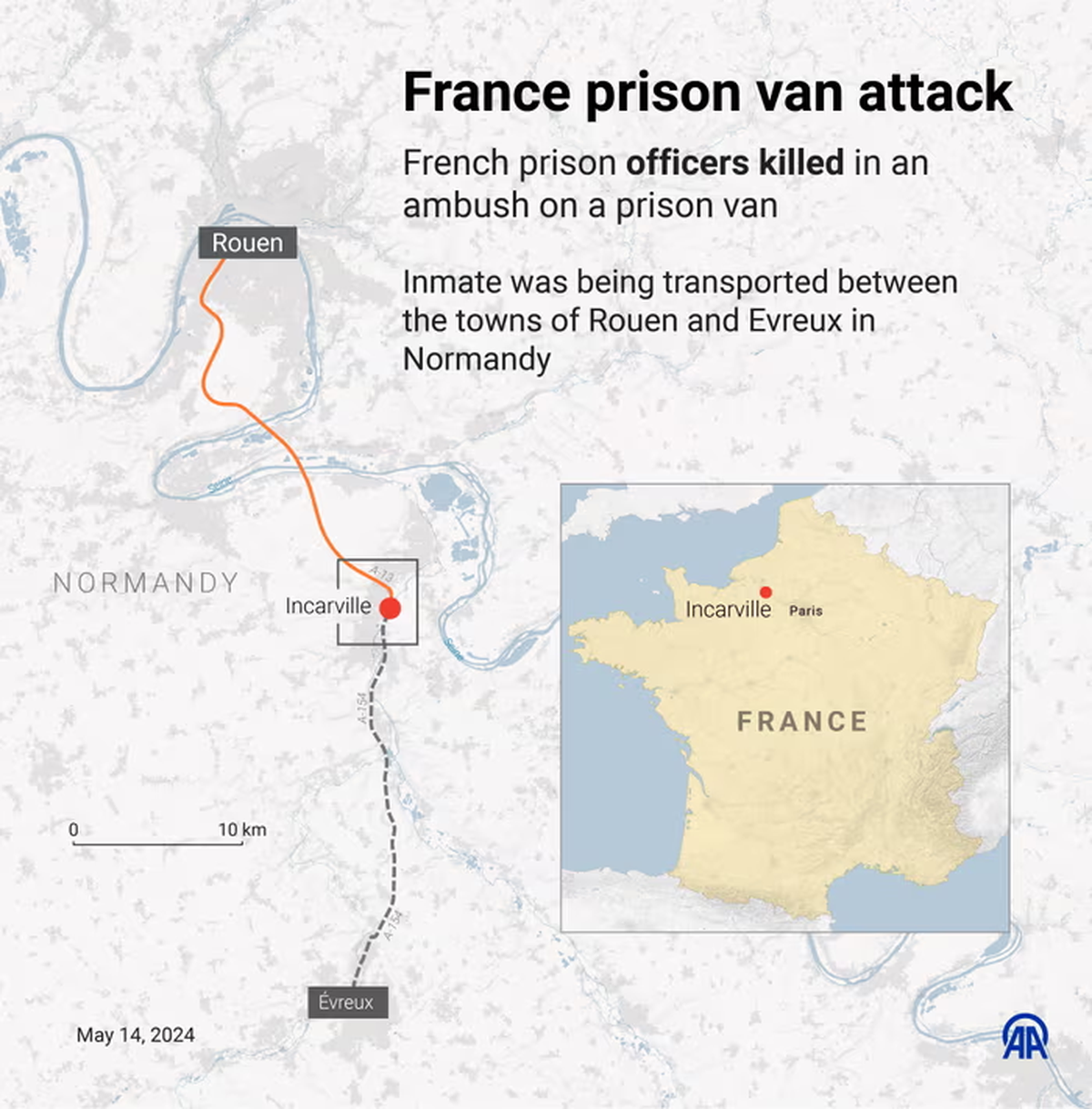 La Furgoneta policial de la prisión en Incarville transportaba al entre la prisión de Evreux a la oficina del juez de instrucción de Rouen para ser interrogado. La Furgoneta policial de la prisión en Incarville transportaba al entre la prisión de Evreux a la oficina del juez de instrucción de Rouen para ser interrogado.