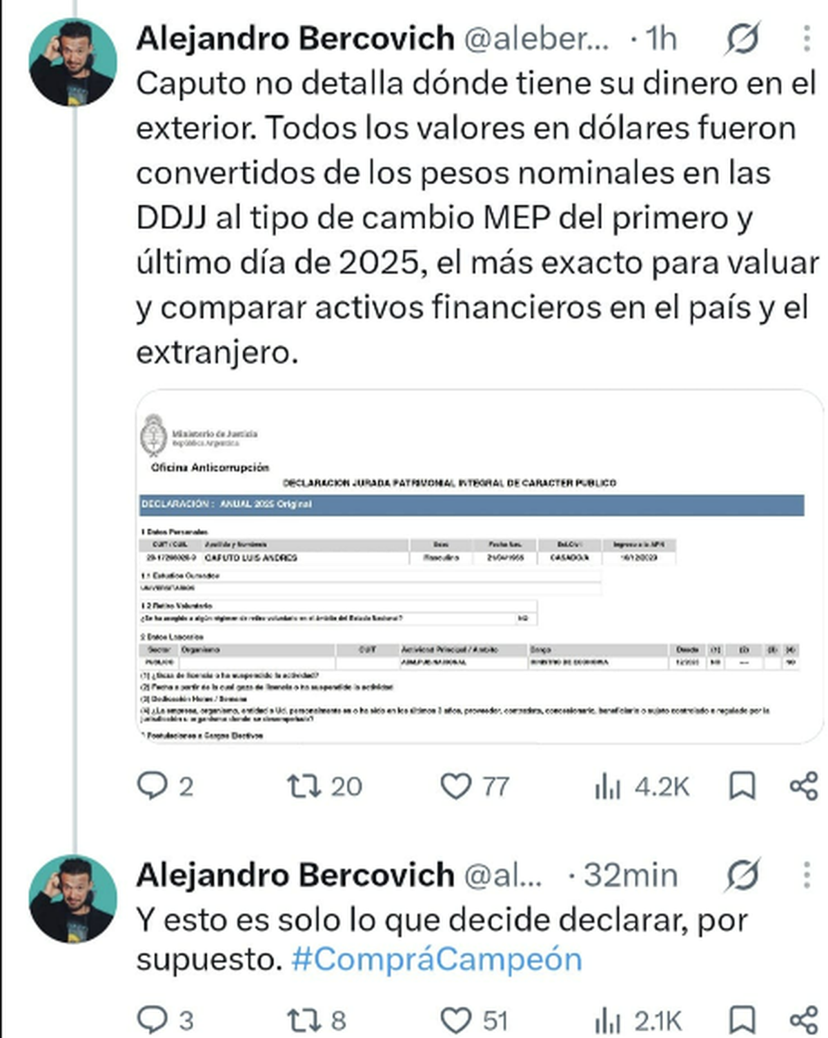 Posteo de Alejandro Bercovich sobre Luis Caputo. Fuente: X.