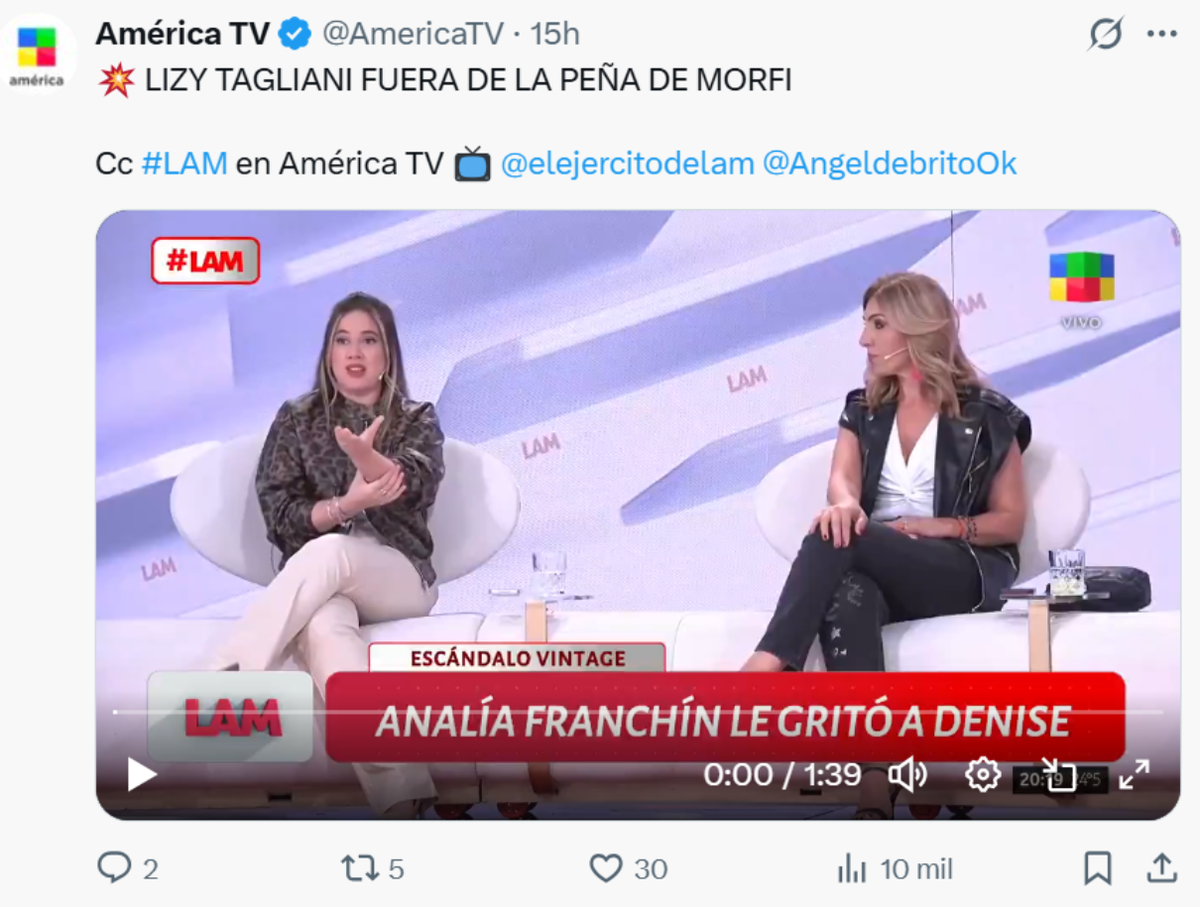 En LAM anunciaron la salida de Lizy Tagliani de La Peña de Morfi. En LAM anunciaron la salida de Lizy Tagliani de La Peña de Morfi.