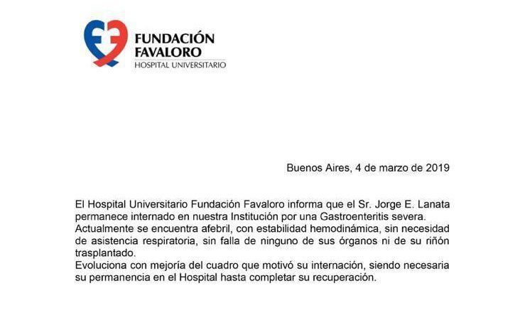 El último parte médico sobre la salud de Jorge Lanata donde se aclara que no está comprometido su riñón transplantado